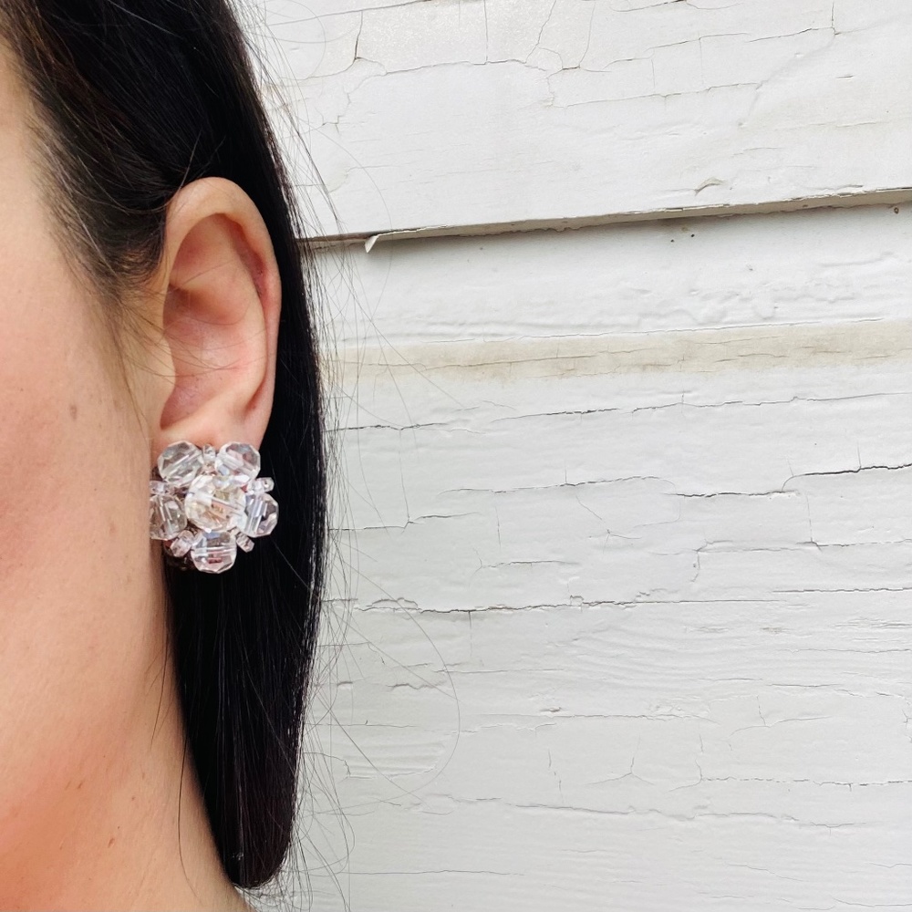 Vintage Faceted Clear Glass Bead Sun Catcher Sparkle 1950s Clip On Earrings 1”